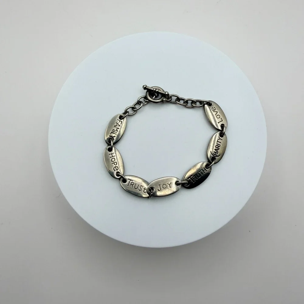 Vintage 90s Silver Tone Inspirational Message Oval Link Bracelet Fashion Jewelry